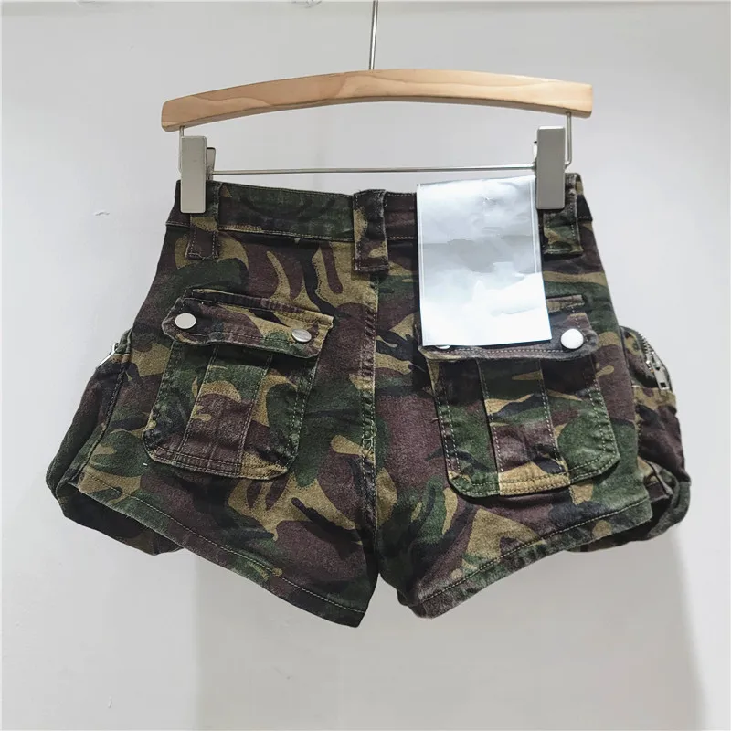 American Retro High Street Hot Chick Camouflage Shorts New Spring Summer 3D Zip Multiple Pockets Low Waist Leopard Cargo Pants