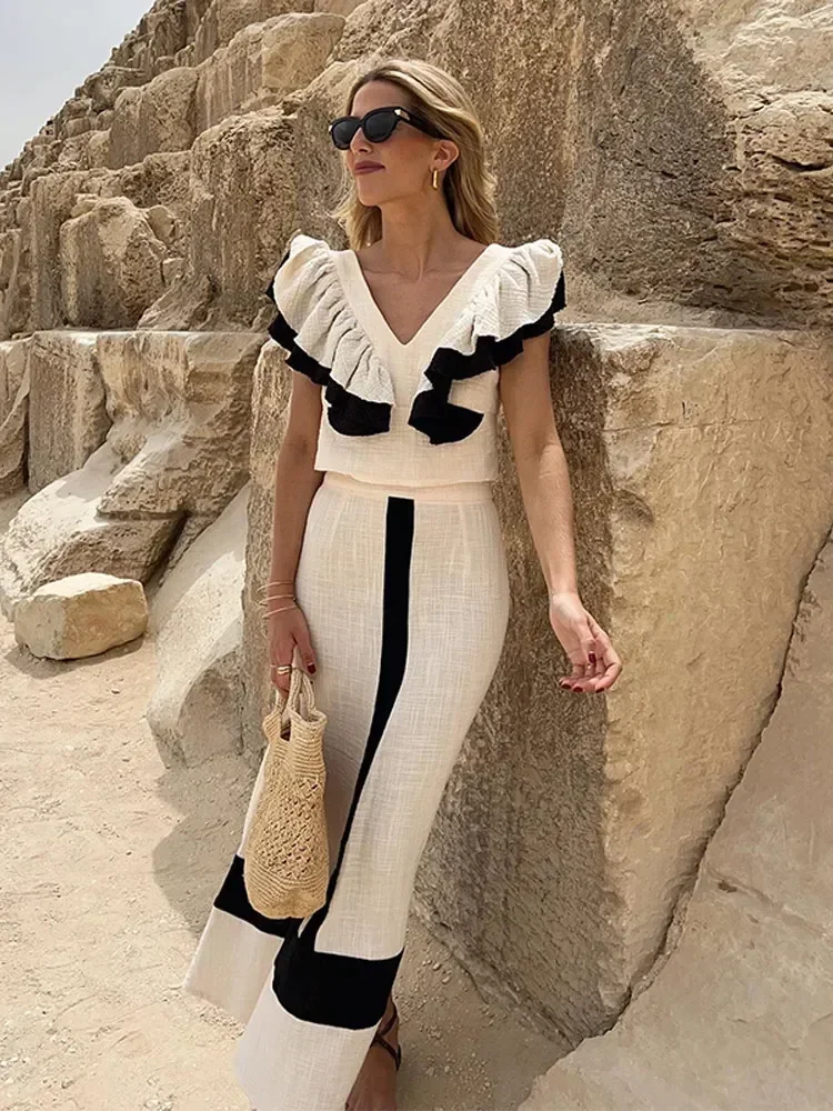 Autumn New Elegant Patchwork Ruffles Stripes Skirt Suit Fashion V Neck Backless Sleeveless Tops Set 2024 Lady Vacation Outfits