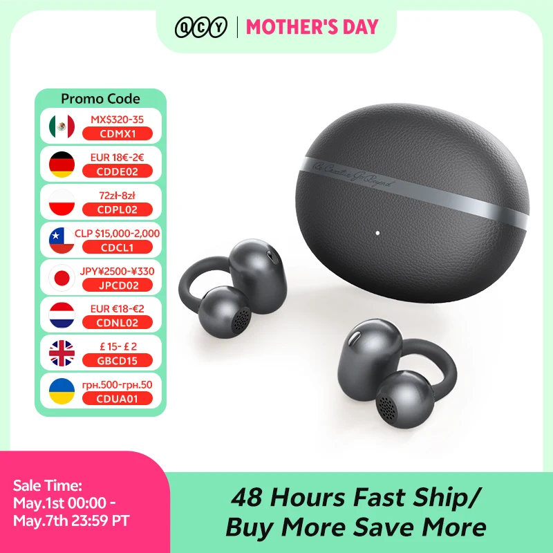 QCY Crossky C50 Беспроводные наушники с открытым ухом Bluetooth 6,0, удобные спортивные наушники с клипсой, 4-микрофонные наушники AI Clear Call Bass Boost