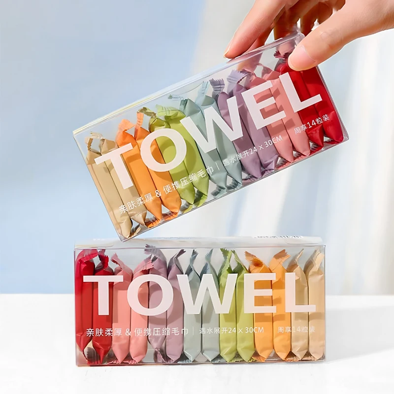 7/14pcs Disposable Portable Travel Towels Thickened Compressed Face Cleansing Beauty Square Washcloths for On-the-Go Hygiene