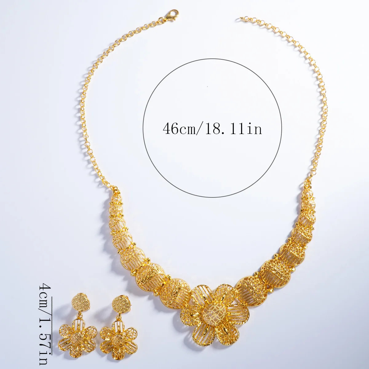 Luxury 24K 9999 Pure Gold real gold Dubai vintage hollow flower necklace earrings set view 4