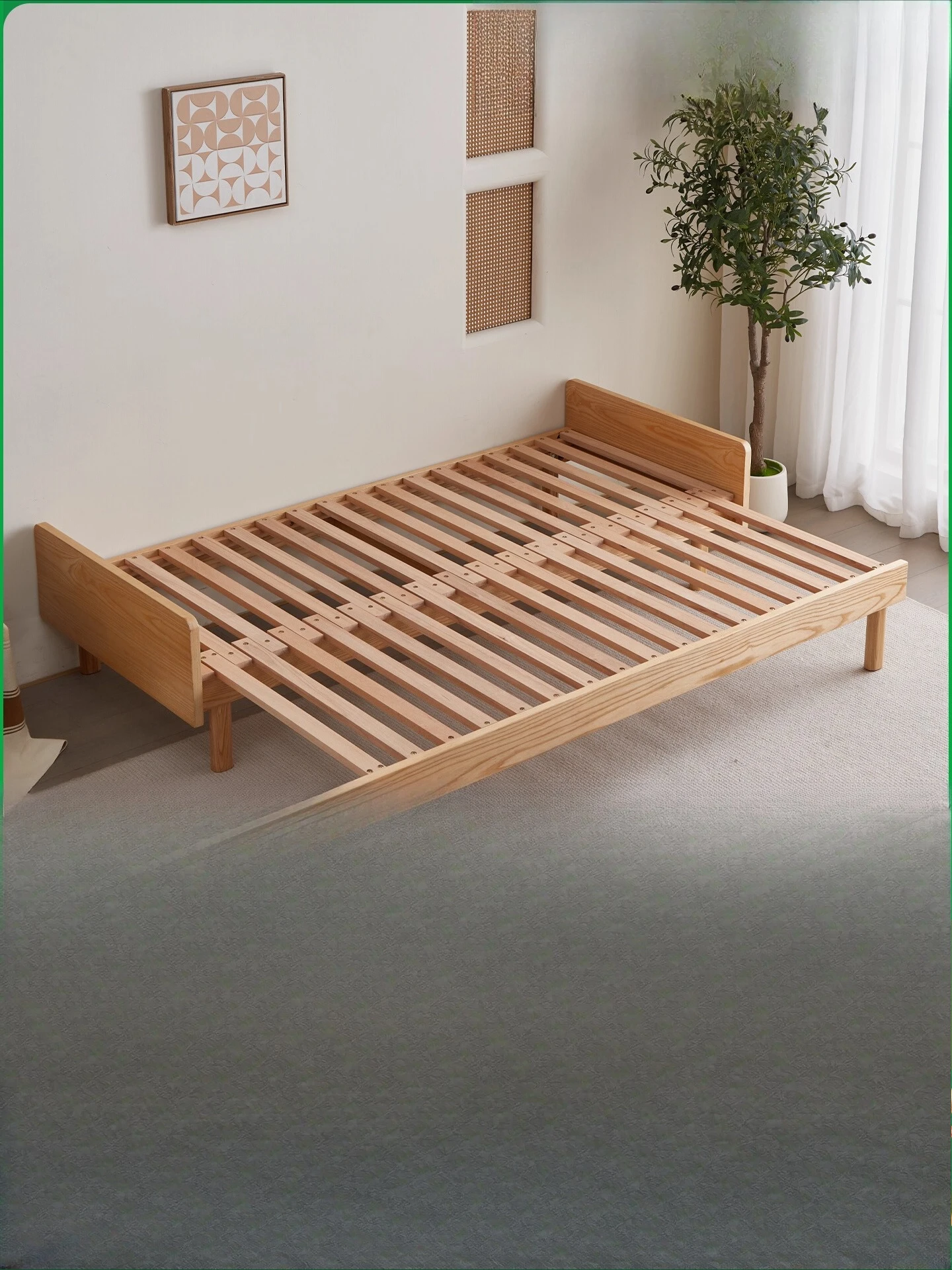 

Solid wood pull-out retractable bed frame Log beech push-pull folding splicing dual-purpose sofa bed Single bed becomes double b