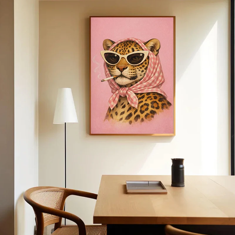 Vintage Smoking Leopard Blue Fashion Martini Poster Luxury Fashion Chic Woman Wall Art Canvas Painting Print Home Decor Cuadros