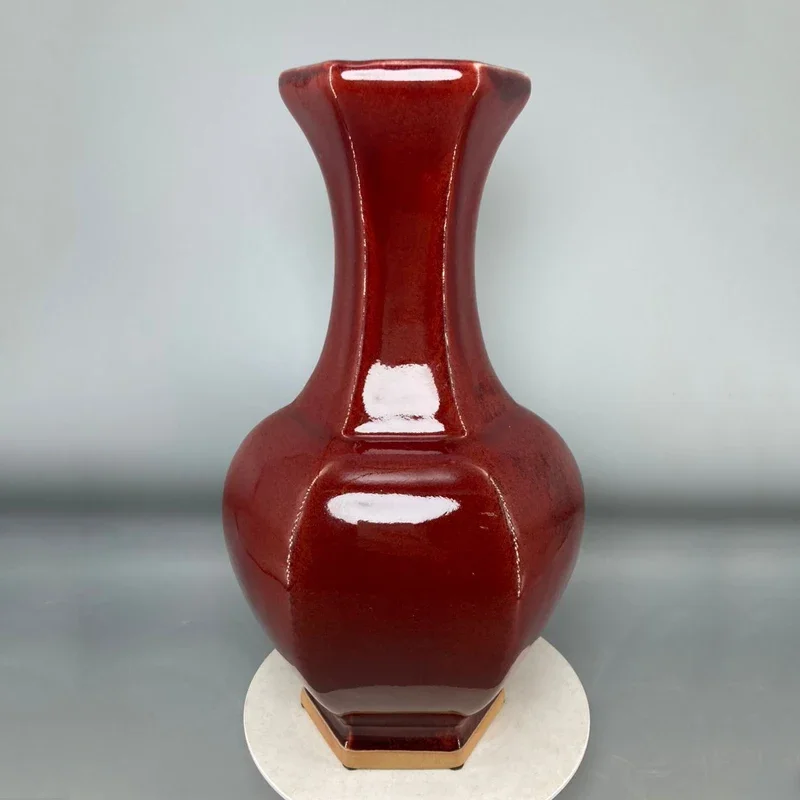 Florero de cerámica, florero hexagonal de porcelana Jun, botella de reconocimiento de porcelana, florero alto de 35 cm, florero, decoración de habitación para el hogar