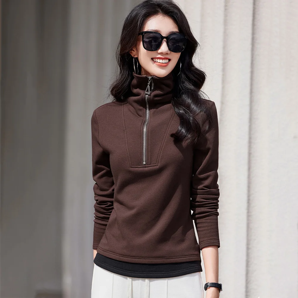 

Новая женская осенне-зимняя рубашка с толстым дном, модная водолазка с длинным рукавом, лоскутная футболка, простая повседневная теплая футболка