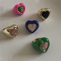 New Fashion Color Enamel Exaggerated Spray Paint Big Gem Ring  Heart Ring for Women Girl Jewelry