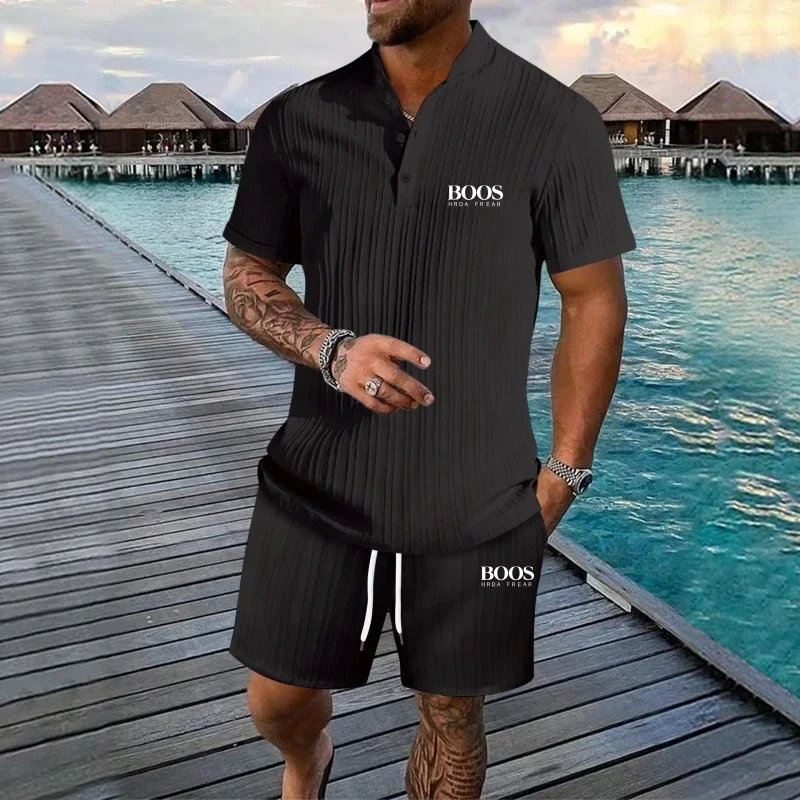 Novo bordado listrado gola de manga curta shorts conjunto camisa para homem, elegante e casual multifuncional praia conjunto