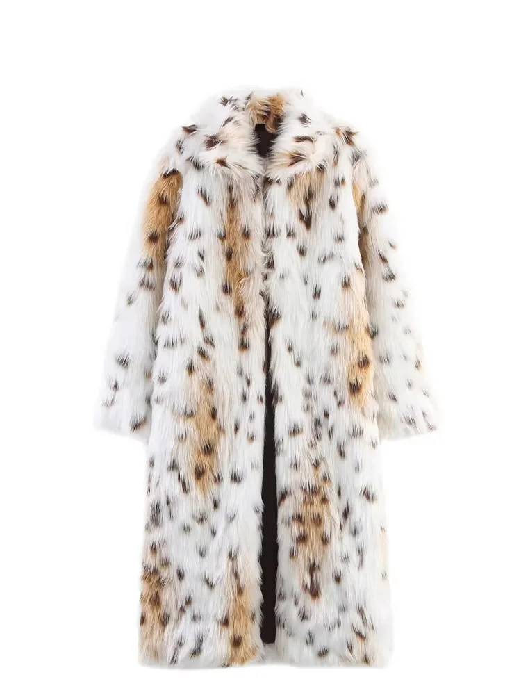 HH Women Winter Fashion Lapel Long Natural Imitation Fur Leopard Print Coat Female Warm Loose Outwear Casual Long Jacket