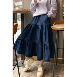 Women Plus Size 5xl Denim Skirt Maxi Long Jeans Skirts Girls Pleated Korean Fashion Clothing Harajuku Mujer Faldas Blue Vintage