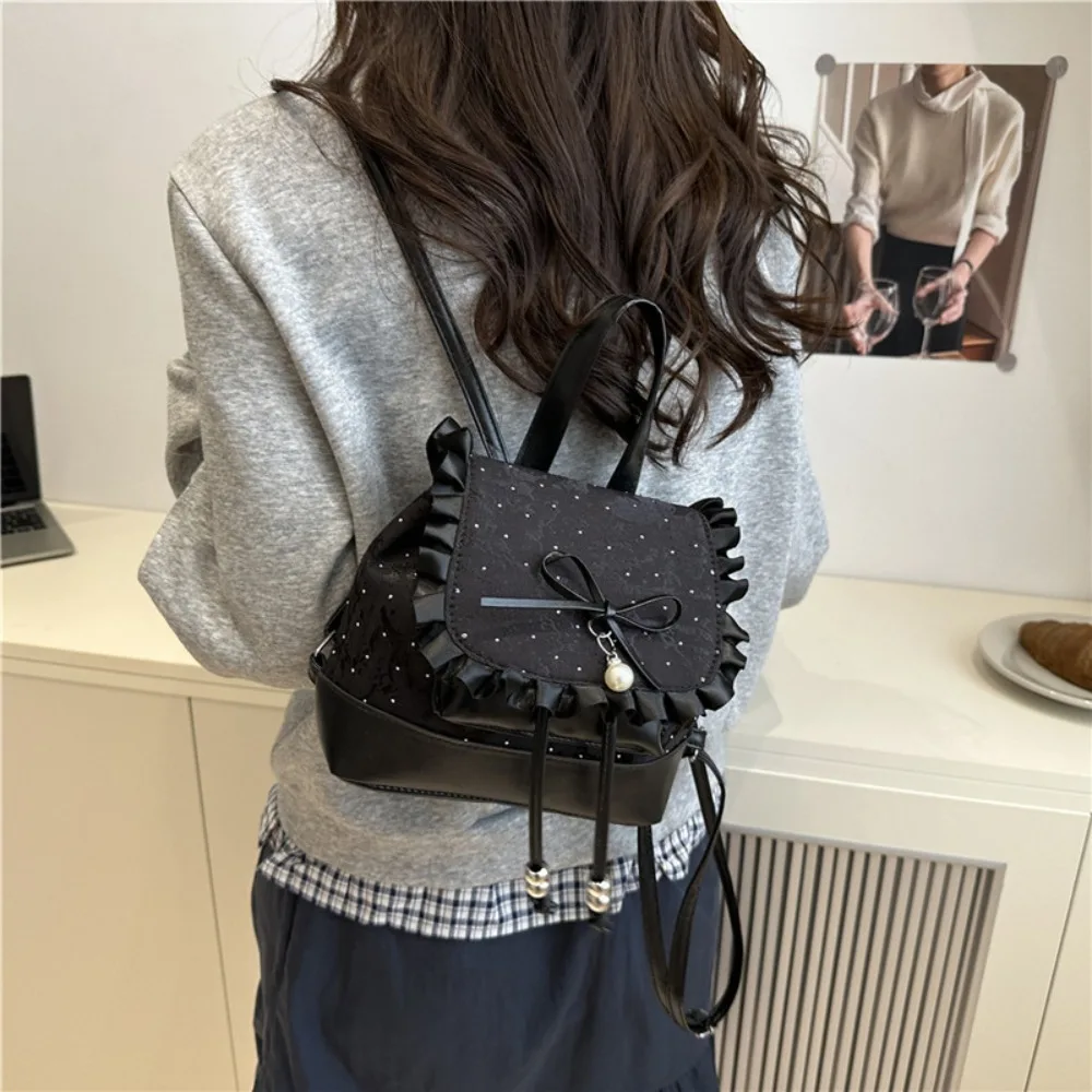 Fashion Lace Trim Butterfly Knot Backpack Sweet Bow Polka Dot Small Book Bag Lightweight Mini Backpack Women