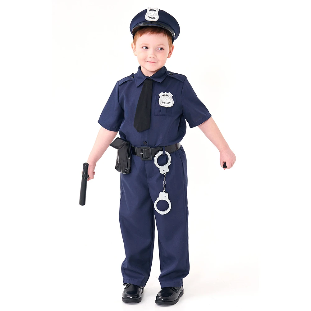 Police Stage Performance Cosplay Uniform Kids Children Costume Boys Girls Shirt Pants Hat Tie Halloween Party Carnival Role Suit