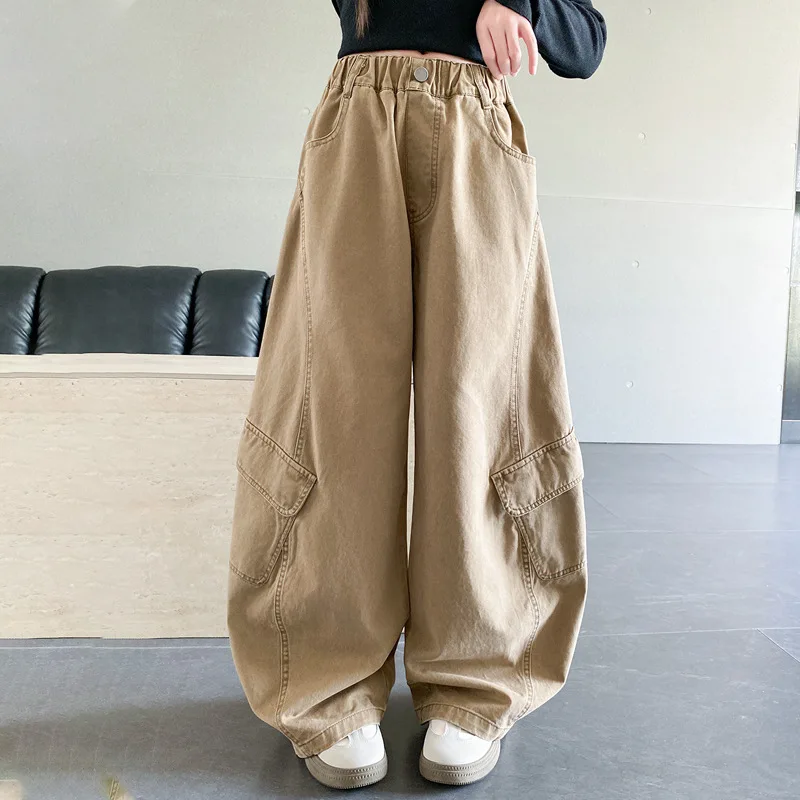 

Брюки-карго для школьниц, осенние детские простые однотонные свободные шаровары полной длины для девочек-подростков, брюки с эластичной резинкой на талии