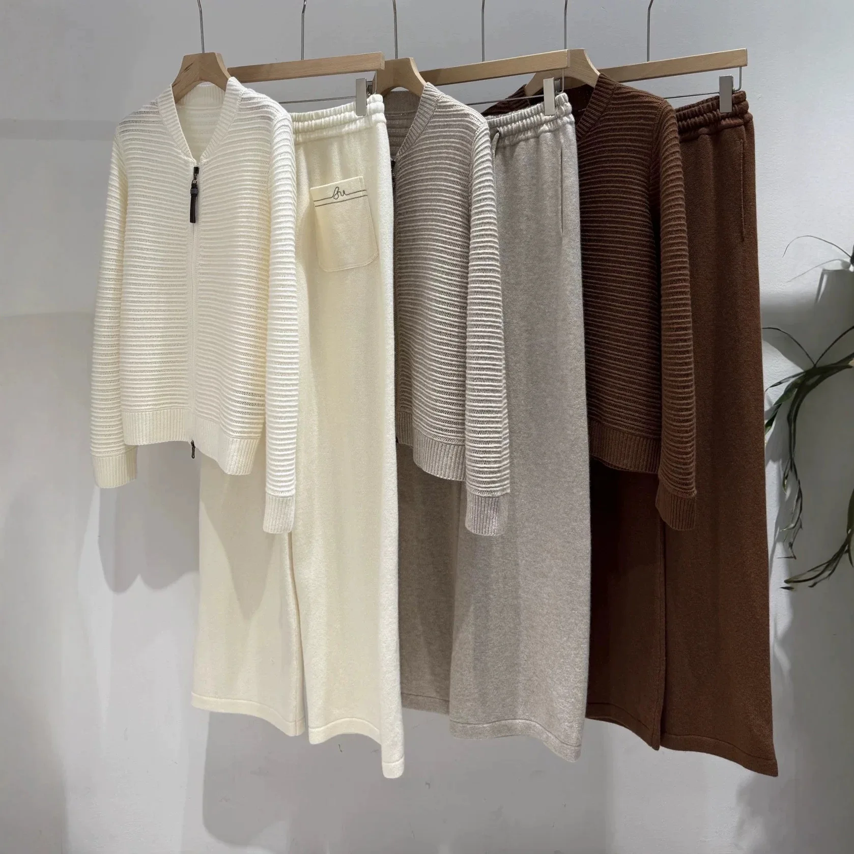 26 New Simple Fine Stripe Knitted Set, Versatile Knitted cardigan with Hanging Wide Leg Pants