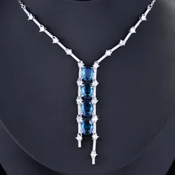 Luxury Imitated Sapphire Lake Baikal Women Pendant Necklace Silver Color Necklace with Blue Stone Vintage High Quality Jewelry