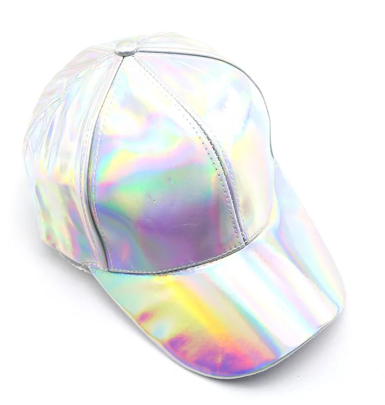 Damen Herren Kunstleder Baseballkappe Glitzer Metallic Holographisch Regenbogen Reflektierend Hip Hop Verstellbarer Strapback Schirmmütze – Detail 9