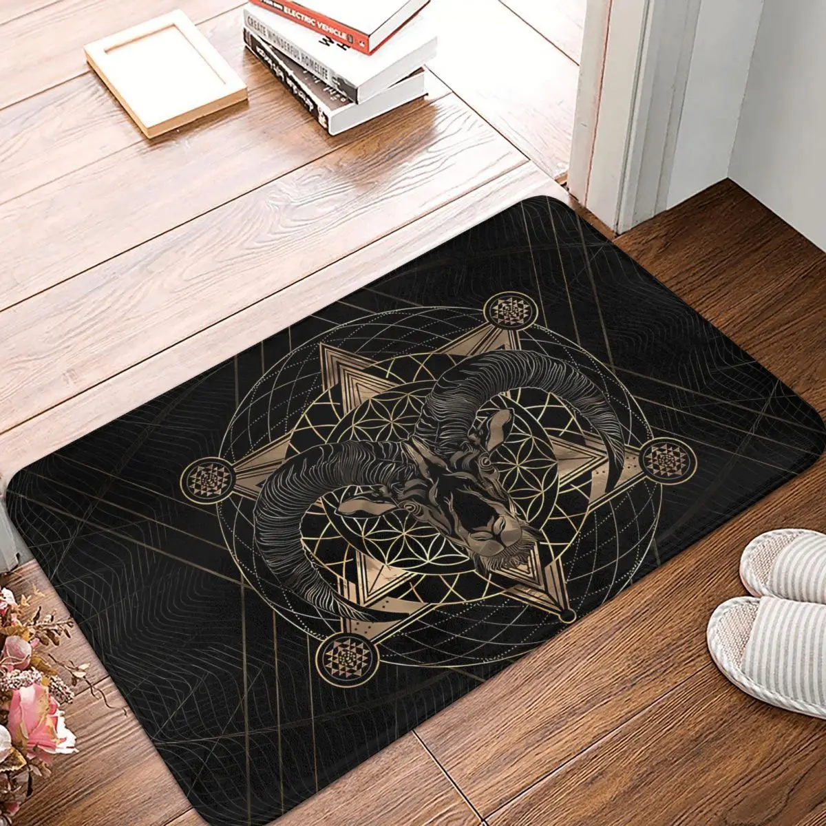 Ram In Sacred Geometry Composition Black And Gold Ancient Egypt Digital Art Bedroom Mat Rug Home Doormat Carpet Balcony