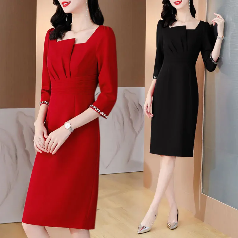 Three Quarter Sleeve Dress For Autumn 2025 New High-End Square Collar Style Slim Fit Slimming Nail Bead Wrapped Dresses For Wome