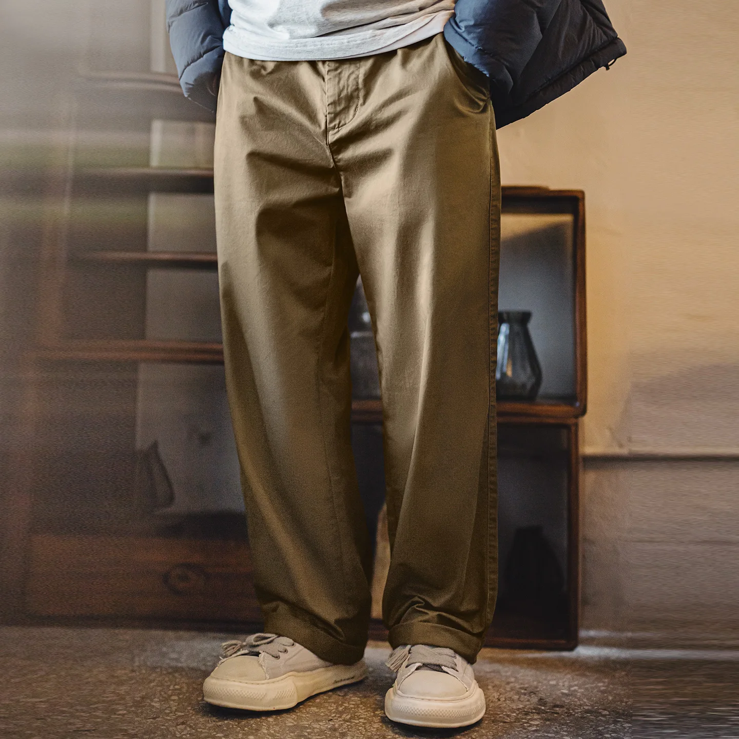 

Maden Vintage Men's Chino Pants Khaki Straight Leg Cotton Trousers with Mock Stitching Casual Long Pants for Autumn Winter