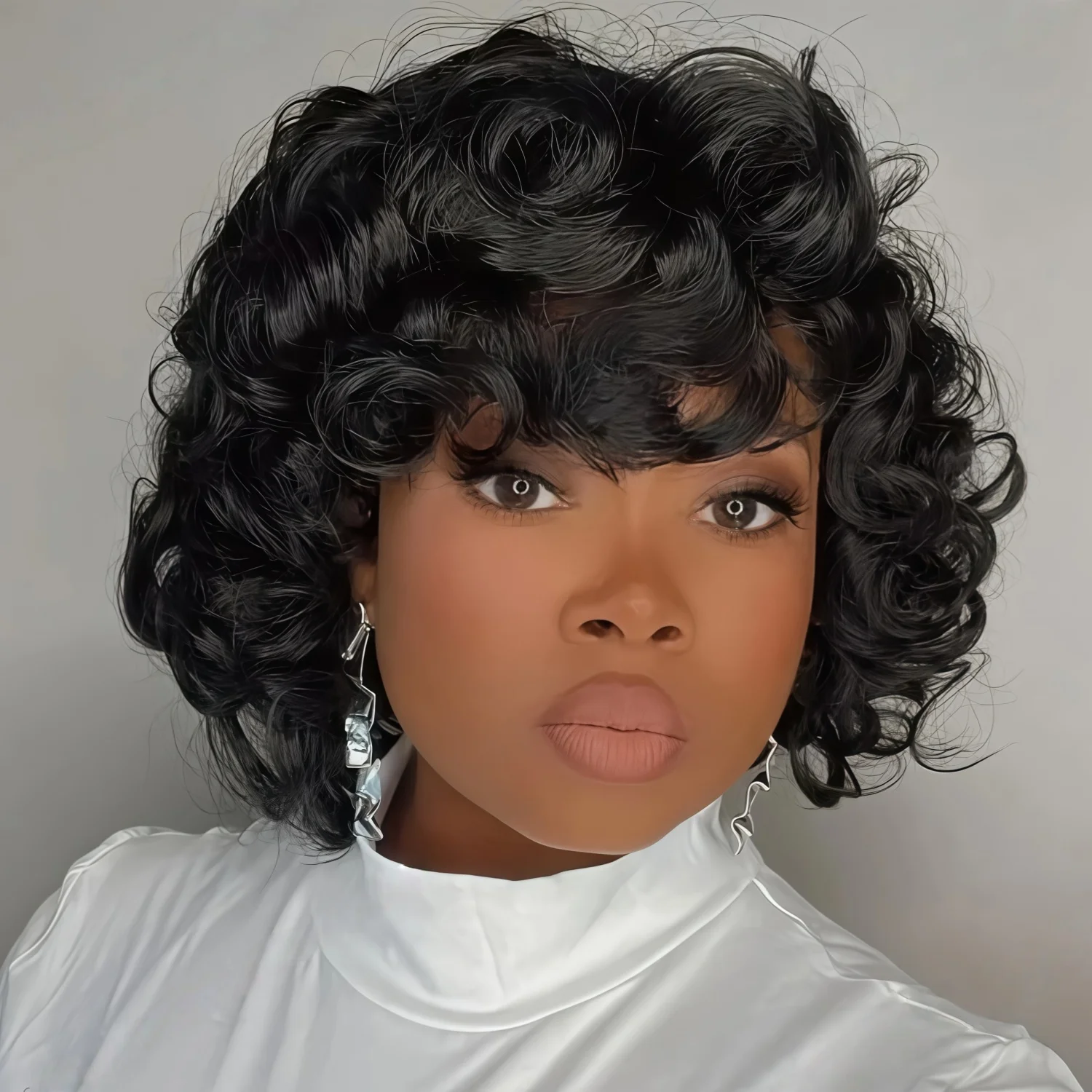 Cabelo encaracolado fofo e elegante, cor natural, cabelo curto com franja, sem necessidade de cola, pode ser usado diretamente, peruca sintética