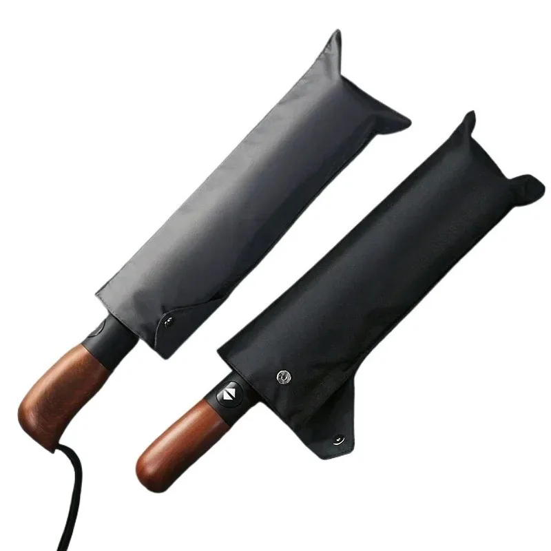 Luxury Wooden Umbrella Rain Waterproof 210T Folding Automatic Umbrella Men Woman, 10 Ribs Big Umbrella Windproof Strong