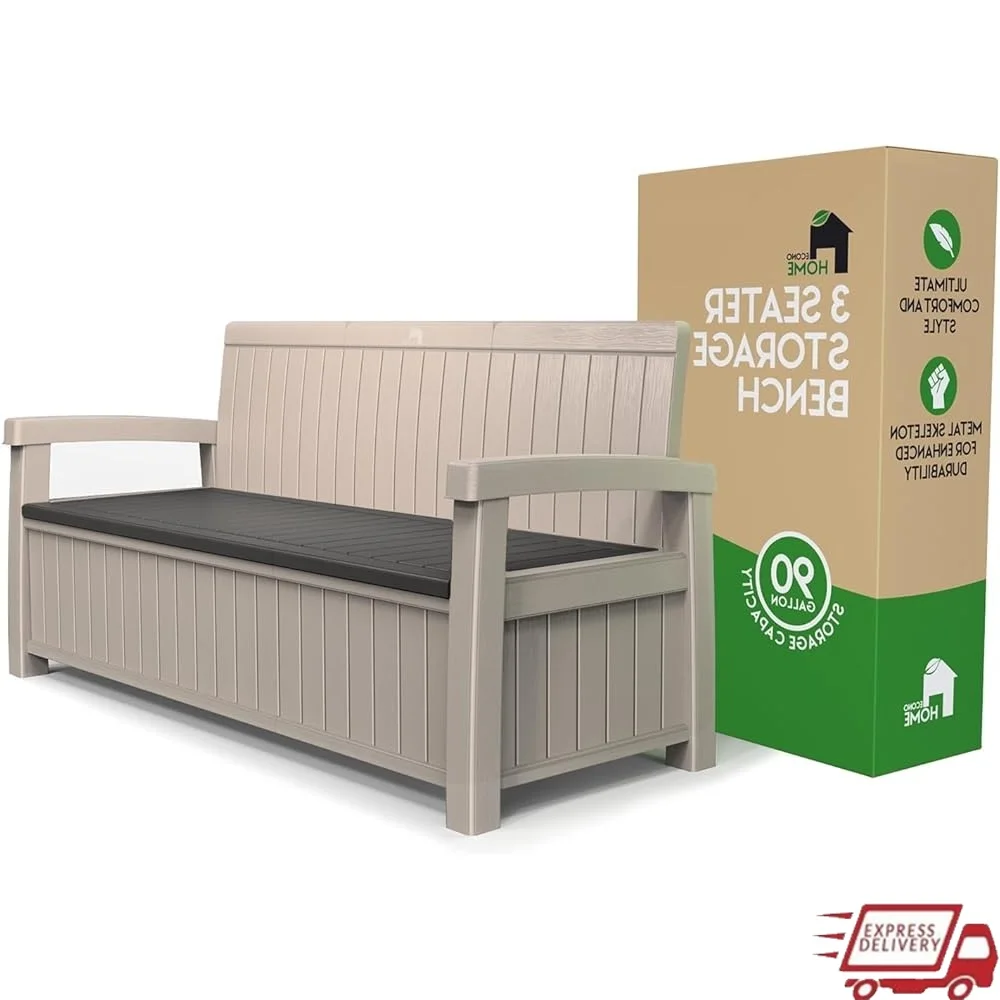

3 Seat Outdoor Storage Bench 90 Gallon Weatherproof Resin Patio Furniture Garden Tool Organizer Yard Pool Area Seating