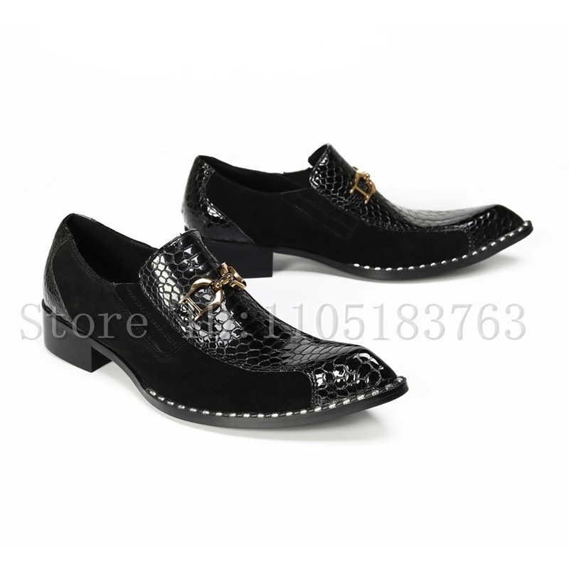 Luxury Men's Crocodile Pattern Pointed Toe Loafers, Gold Buckle Decor Brown Suede Dress Shoes for Party Wedding