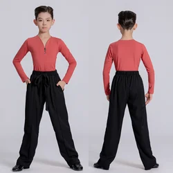 Nieuwe professionele jongen Latin Dance Shirt rode kleur V-hals kostuum Rumba Samba Dance Wear dansshirt met lange mouwen voor kinderen
