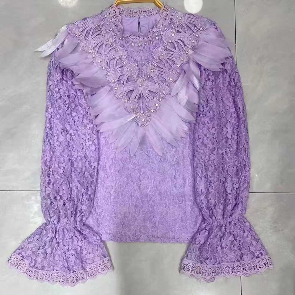 بلوزات TWOTWINSTYLE متينة من الدانتيل والماس للنساء برقبة دائرية وأكمام طويلة قمصان ربيعية أنيقة طراز أنثى KBL553148 #4