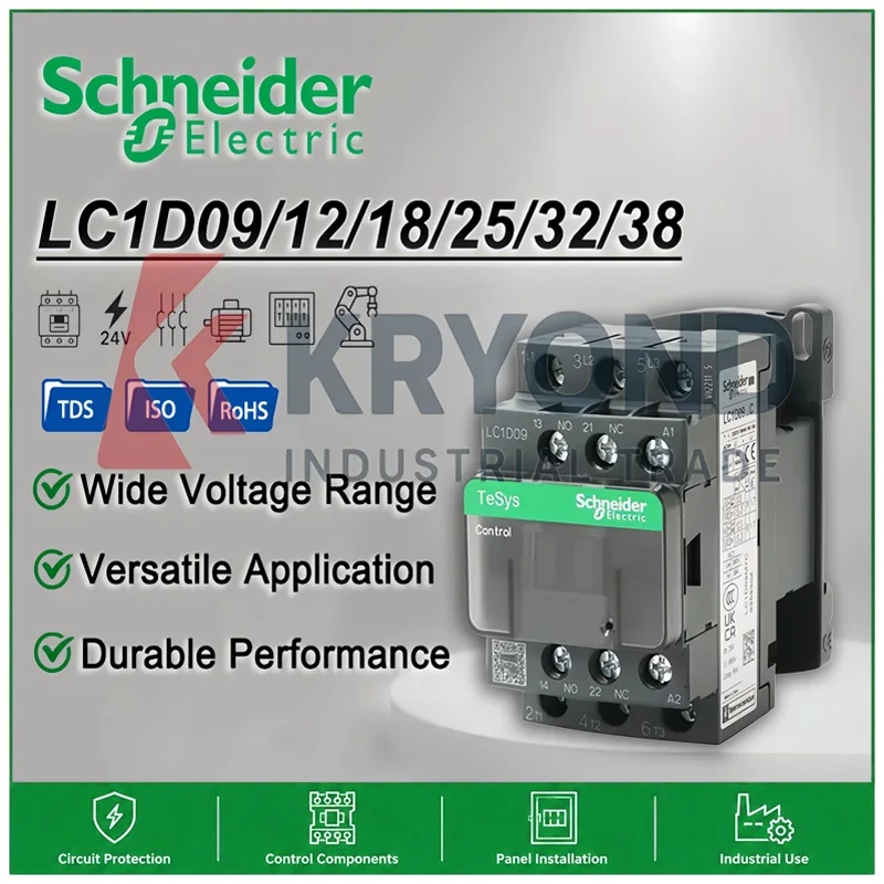 

Schneider LC1D09 12 18 25 32 38 AC Contactor 3 Pole 9–38A Coil 24V–380V for Motor Control and Industrial Automation Equipment