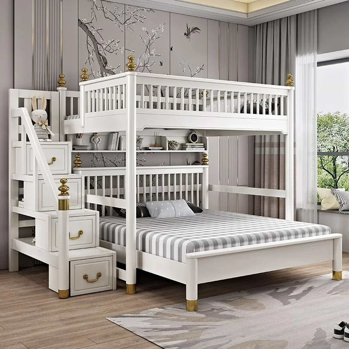 New white staggered bed 1.5 meters bunk bed 1.8 mother and child high and low bed cross slide , shelf  + hanging ladder