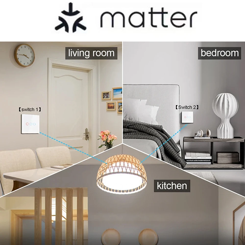 Matter Smart Switch Neutral Wire/No Neutral Wire 1/2/3 Gang Touch Wall Light Switch Work with Homekit Alexa Google Home