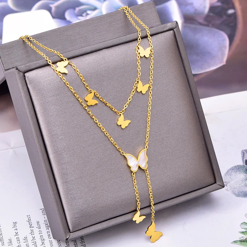 316L Stainless Steel New Fashion Fine Upscale Jewelry 2-Layer Butterfly Seashells Charms Chain Choker Necklace Pendant For Women