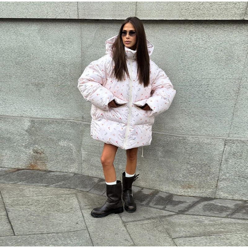Unique Hooded Women's Winter Jacket Elegant Printed Thicken Pockets Full Sleeve Female Cotton Coat 2025 New Woman Coats Outwears