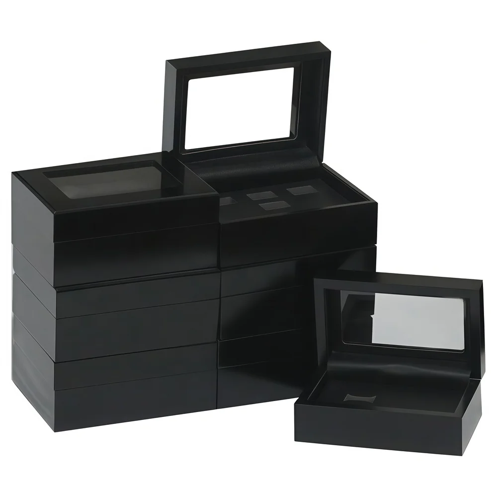 2-7 Holes Luxury PU Leather Black Solid Wooden Box Organizer Portable Case Fantasy Championship Ring Display Case