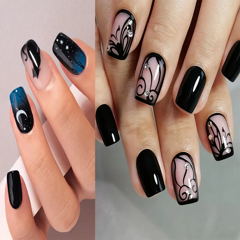 

24pcs Black Flower/Cat Full Cover Nail Tips Finished Short Square False Nails Sets Simple Ballet Fake Nail Wearable Press on