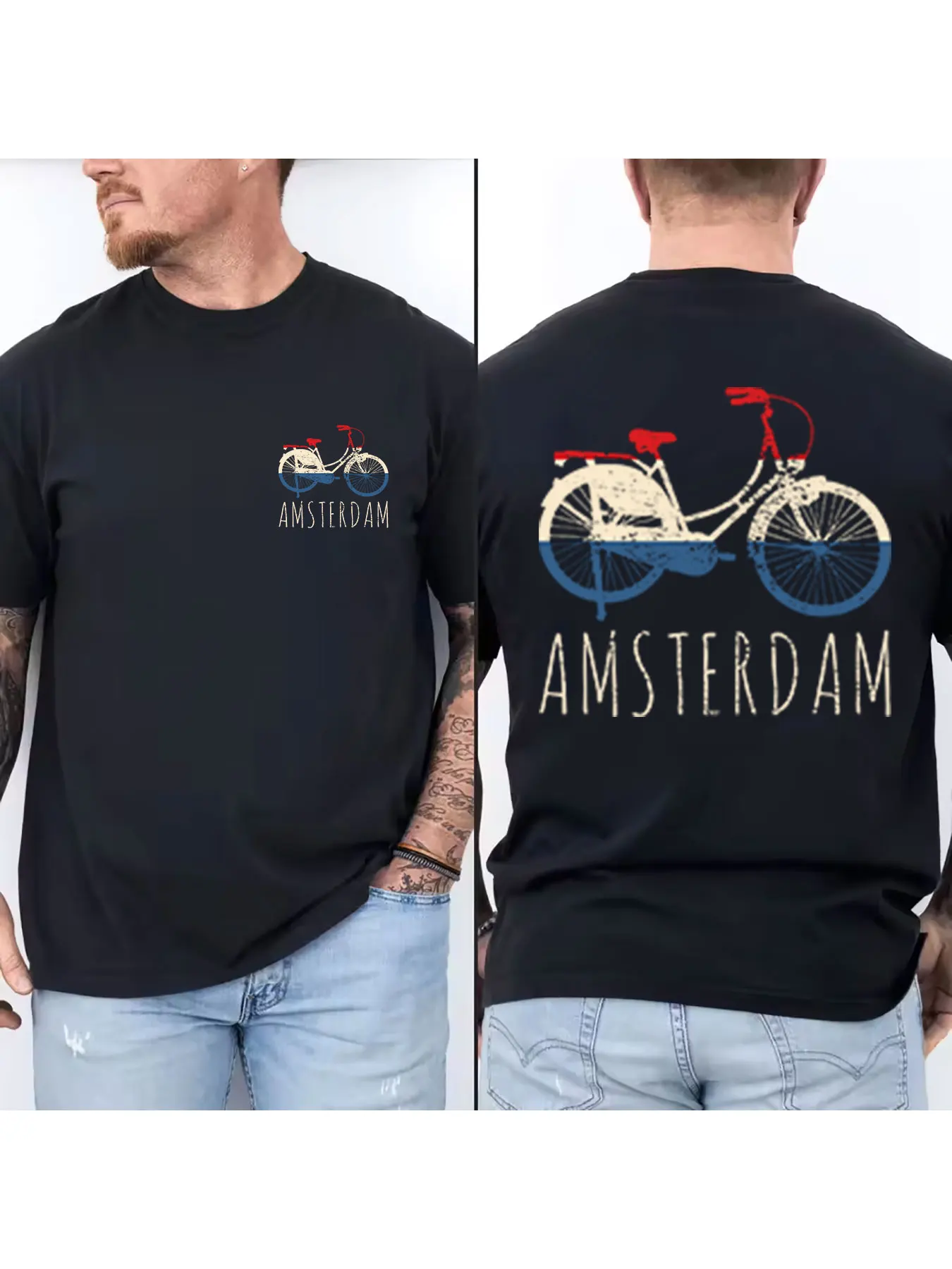 

Men's Cotton Amsterdam Bicycle Graphic T Shirt Vintage Distressed Dutch Flag Colorway Casual Short Sleeve Tees for Summer Street