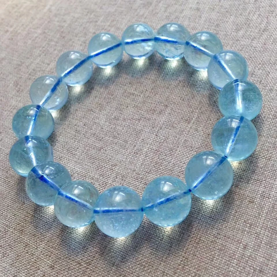 Natural Blue Aquamarine Clear Round Beads Bracelet Aquamarine Women Men Best Stretch Jewelry 13mm AAAAAA