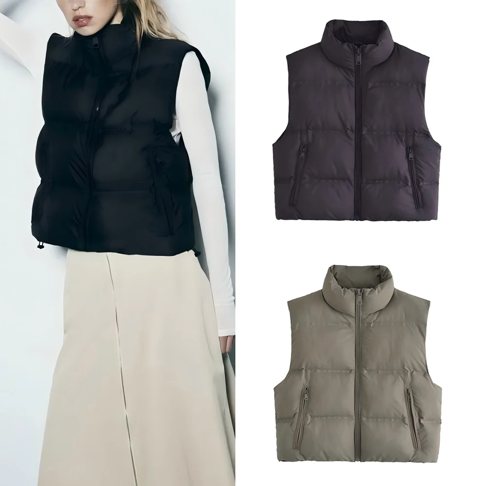 

Women's new fashion zipper pocket decoration warm stand collar pressed glue cotton vest retro sleeveless women's vest chic top