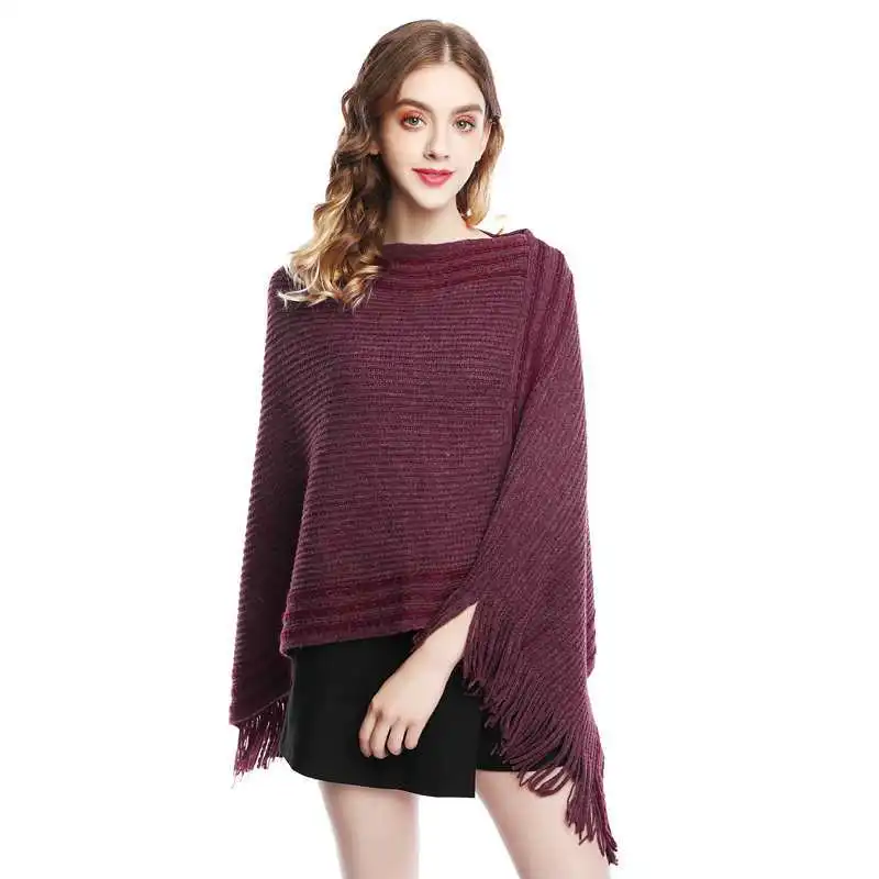 Korean Spring Autumn Hot Selling Imitation Wool Cloak Shawl Knitted Female Tassel Warm Covering Lady Coat Purple