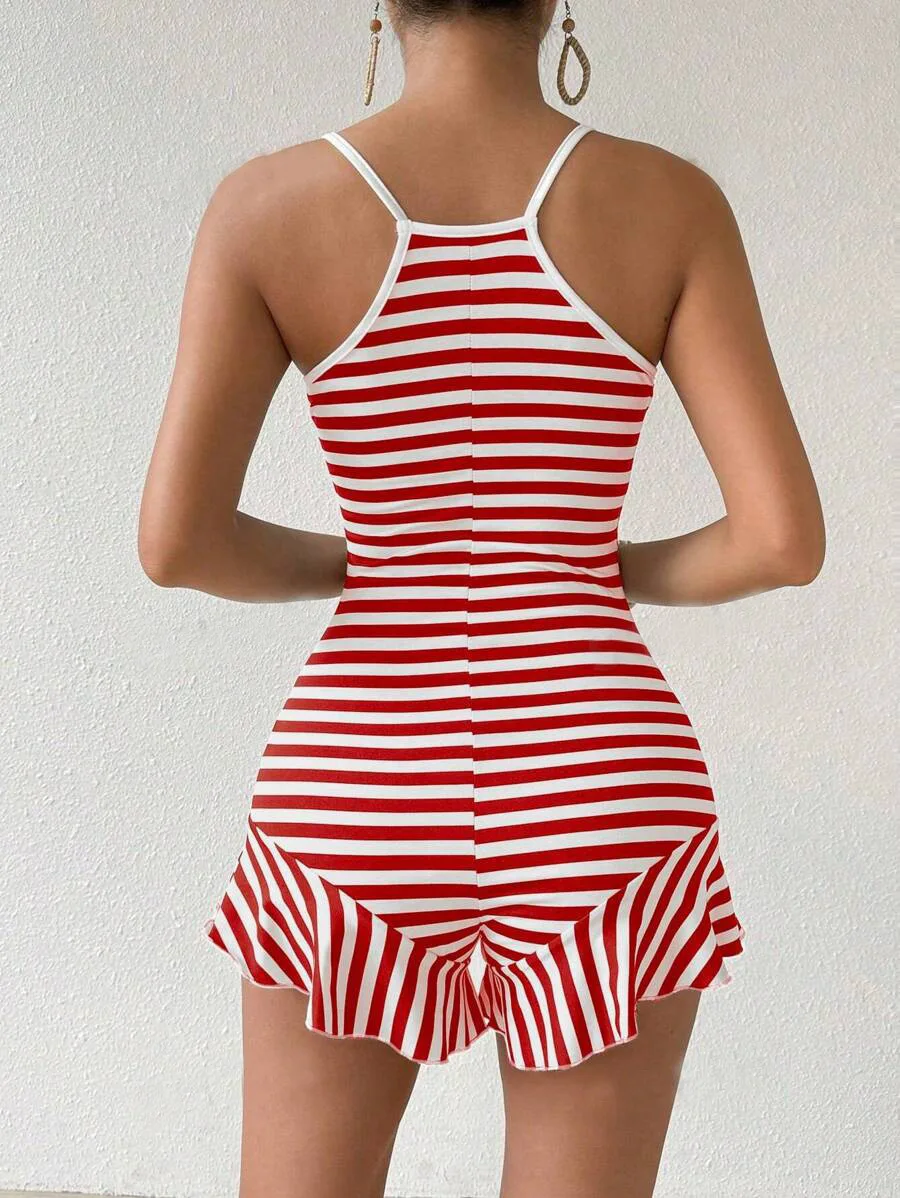 Drunk Sugar Striped Spaghetti Strap Romper Ruffle Hem Spicy Girl Bodysuit Shorts Cross-border Ladies Ready Stock Summer Playsuit