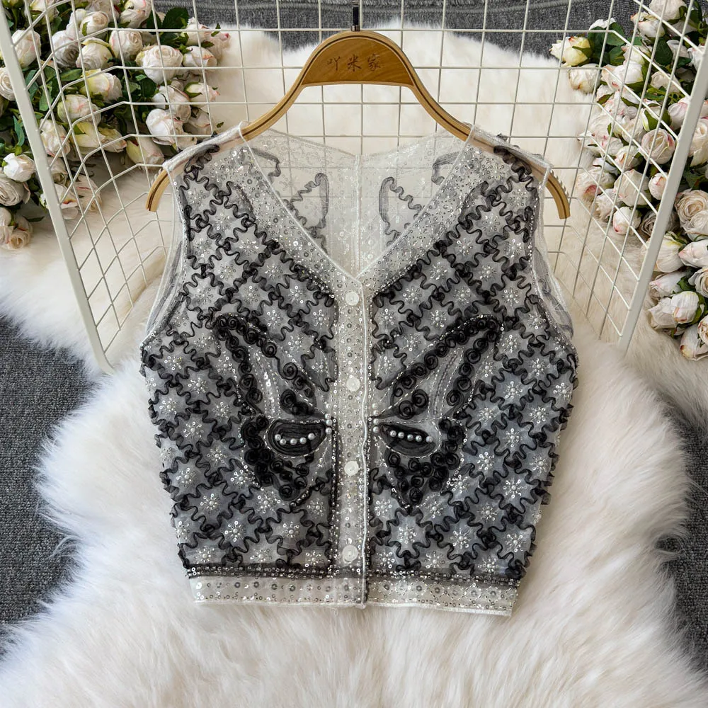 

French temperament wearing sleeveless printed V-neck vest top women's summer heavy mesh sequined leaves stitching short vest