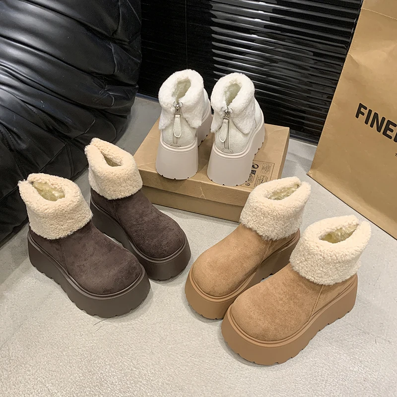 

2025 New Platform Women's Snow Ankle Boots Suede Mid Heel Cotton Shoes Short Plush Warm Boots Trendy Winter Casual Boots