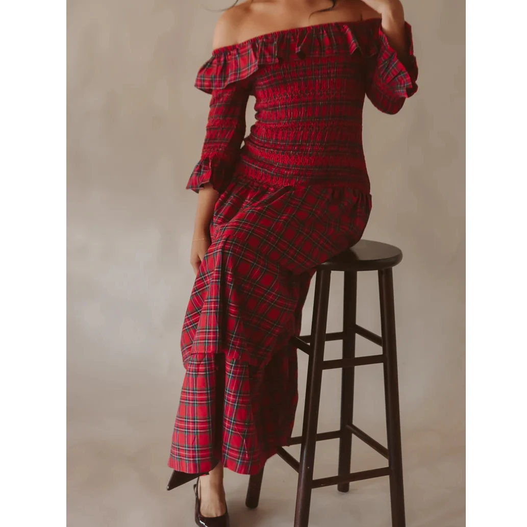 Retro Damenkleid mit Karomuster, knöchellang, lange Ärmel, schulterfrei, gerafftes Oberteil, mehrlagiges Kleid, Vintage-Stil