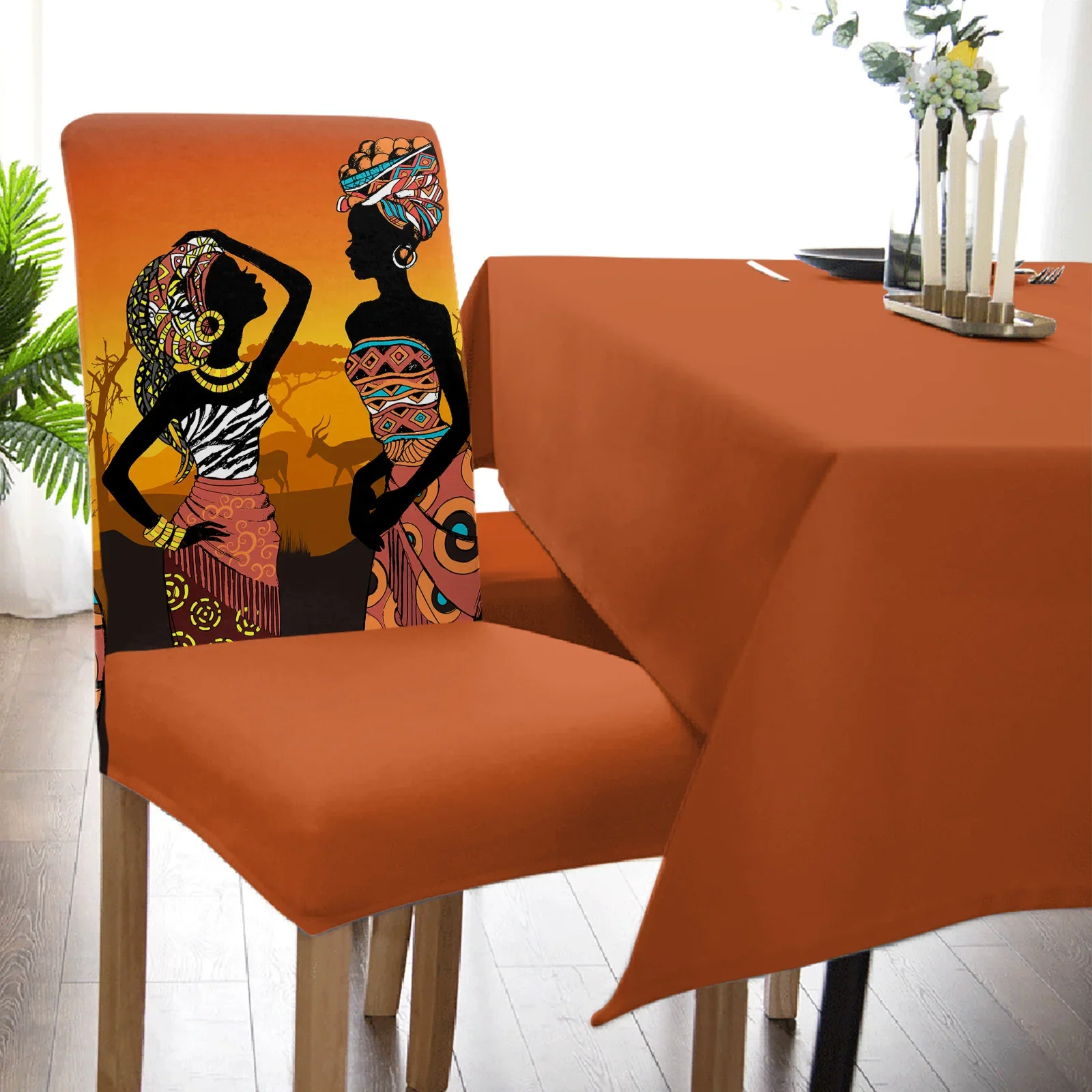 Imagem -05 - Africano Mulheres Cadeira Capa Conjunto para Cozinha Estiramento Spandex Slipcover Assento Sala de Jantar Seat Cover Estilo Étnico Preto Decoração de Casa