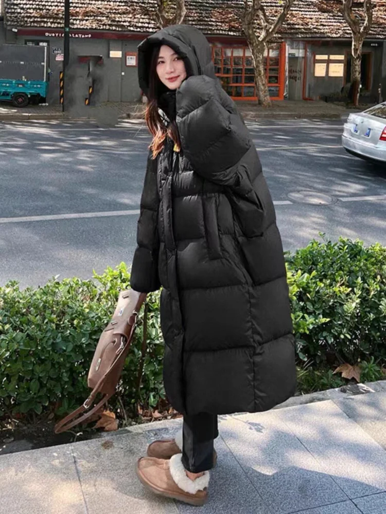 Long Down Jacket for Women, Casual Loose Hooded Coats, Windproof, Thickened, Warm, Female Fashion, Winter, New, 2024