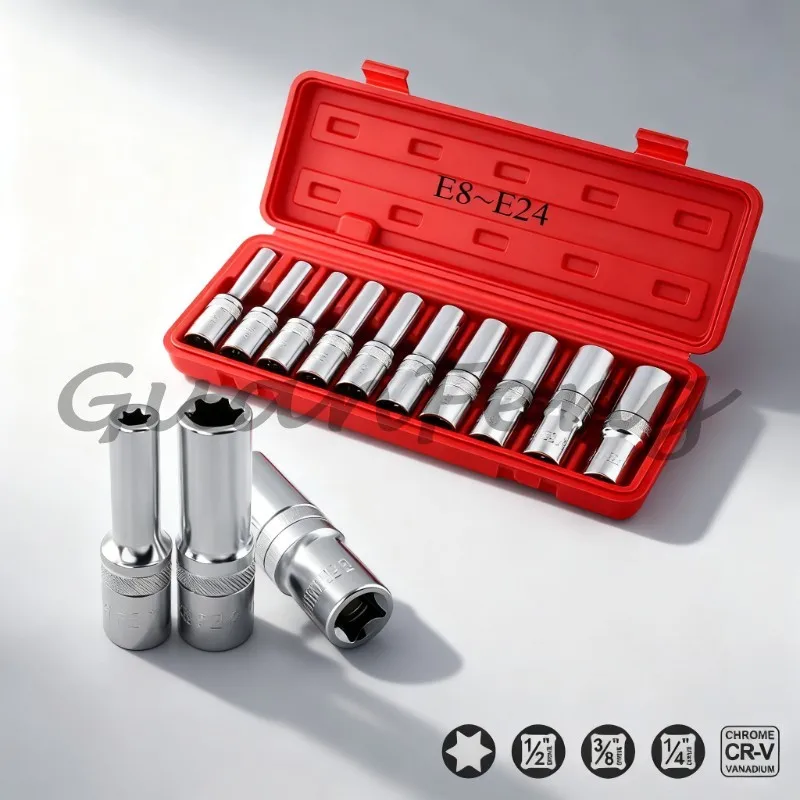 10-Piece Female Threaded Sleeve Set, 1/4 3/8 1/2 Inch Drive E8-E24 Wrench Set Hand Tools