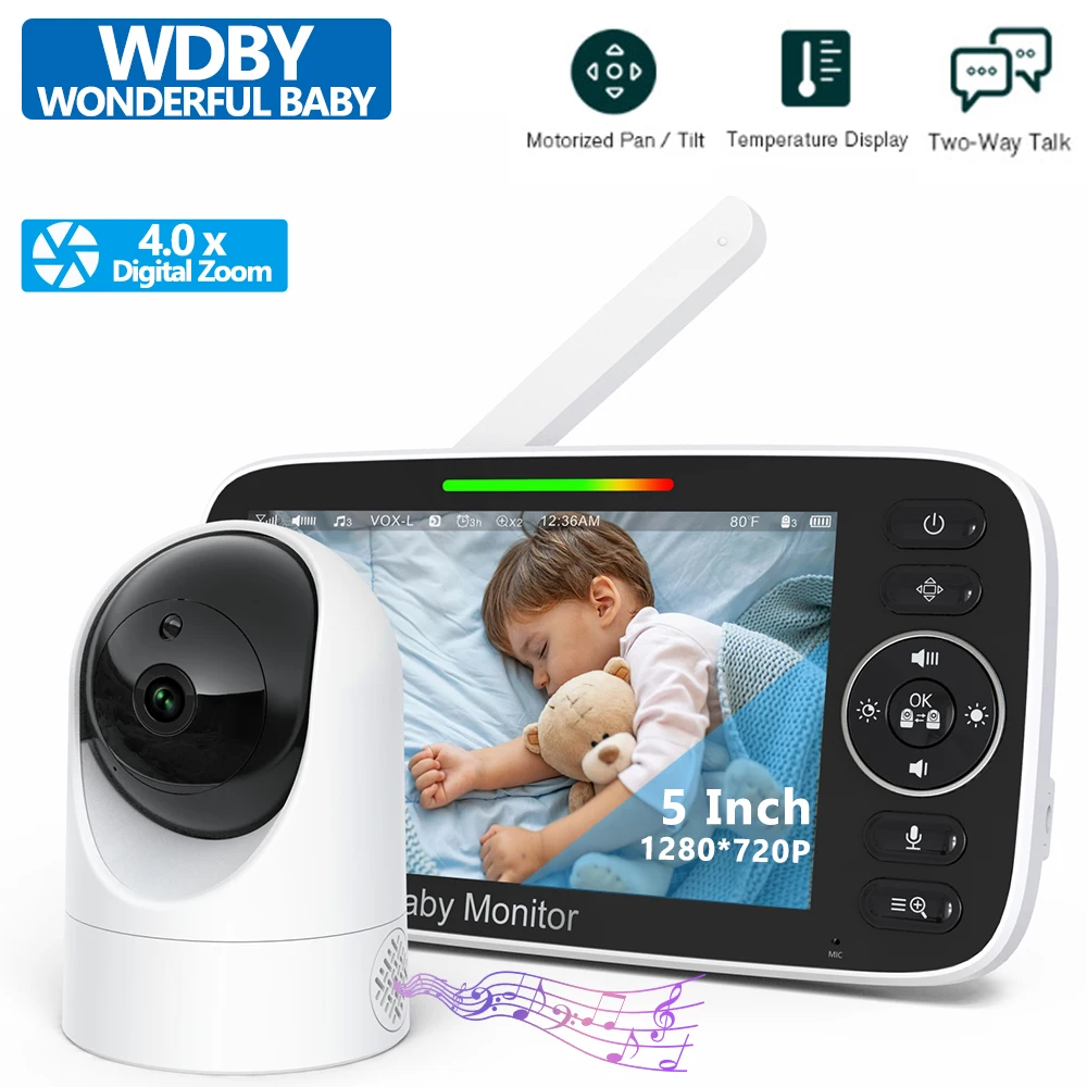 Baby Monitor 5inch Display with 4x Zoom Pan-Tilt Camera Two Way Audio VOX Mode & Lullabies IR Night Vision Baby Safety Monitor