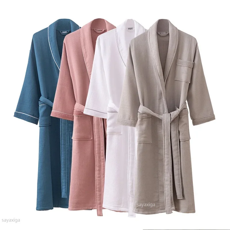 100% Cotton Waffle Terry Kimono Bathrobe Home Dressing Gown With Belt Long Sleeves Autumn Winter Thick Soft Sleepwear Pyjamas