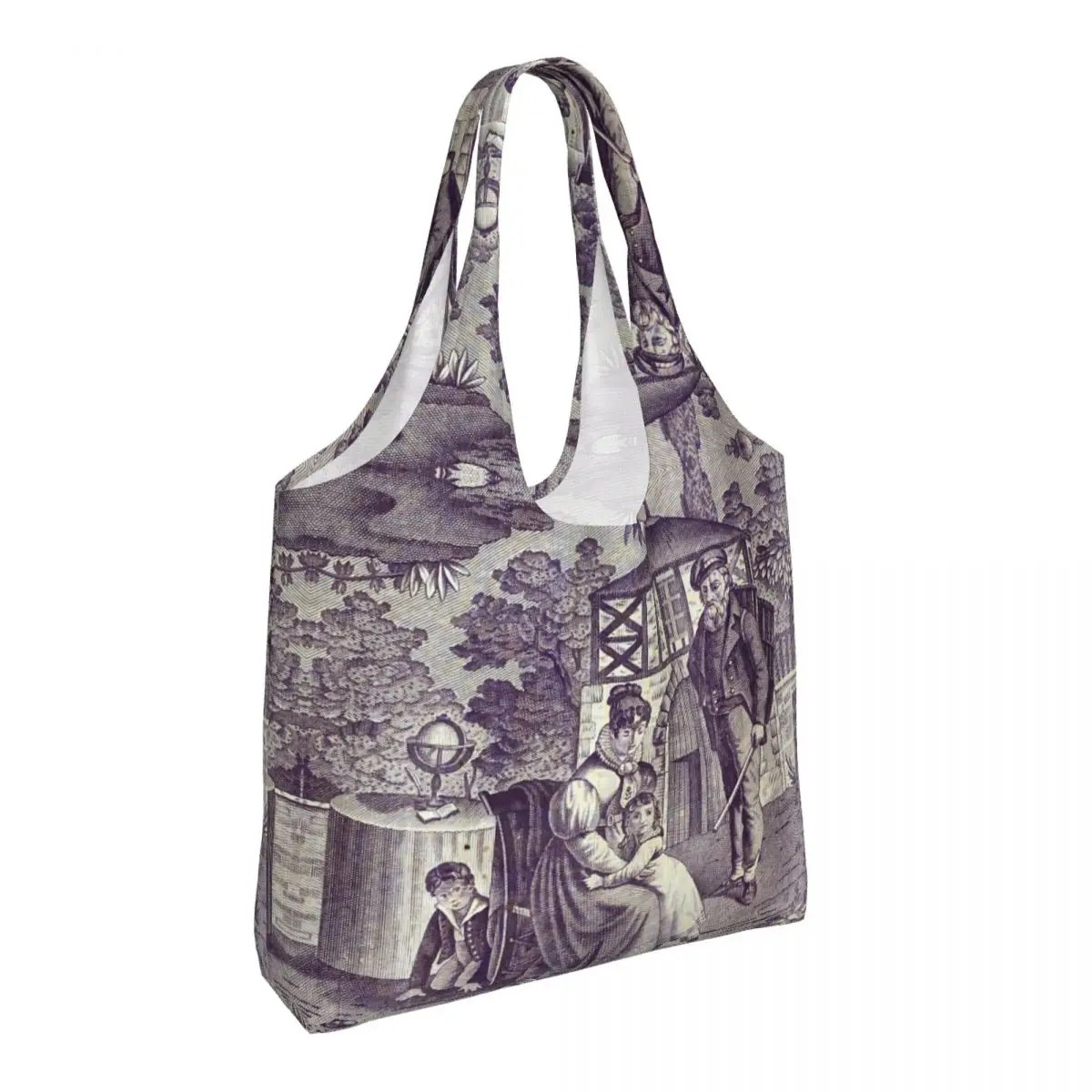 French Toile De Jouy Motif Pattern Shopping Bag Shoulder Canvas Tote Bag Durable Traditional France Art Groceries Shopper Bags