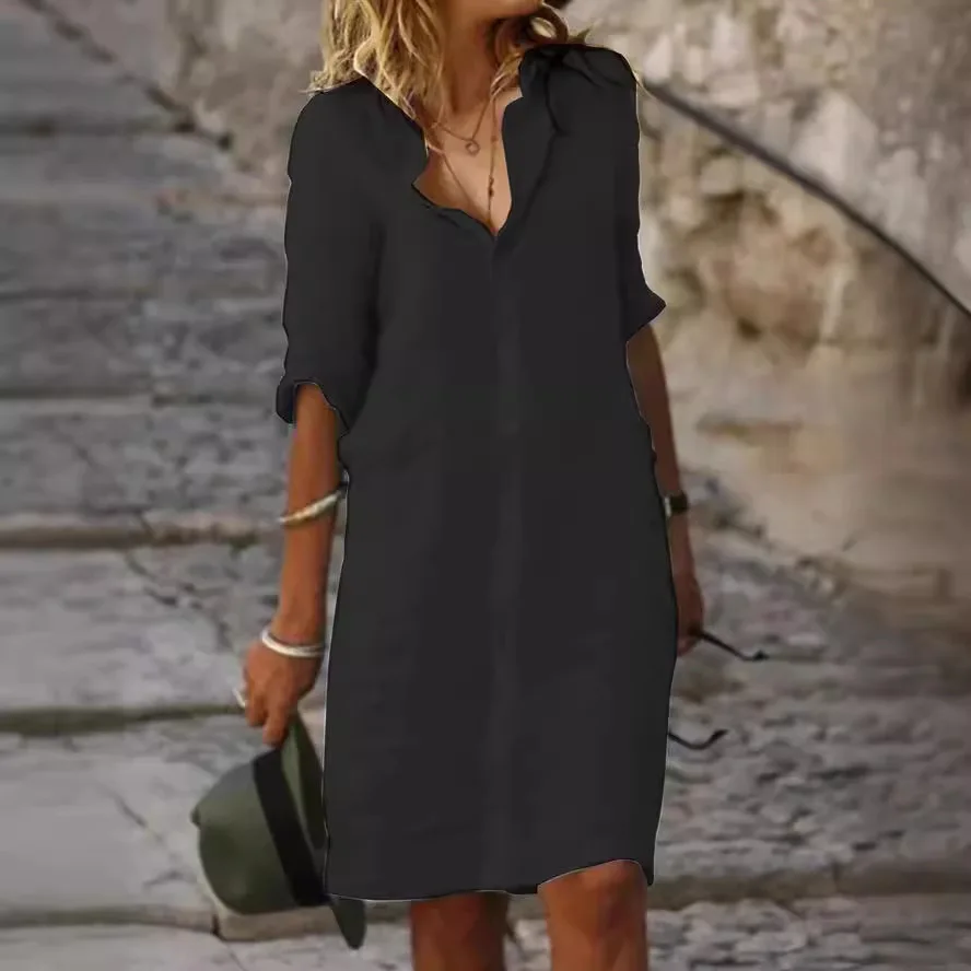 Locker sitzendes Baumwoll-Leinen-Knöpfe-Midikleid Dr irt 2023, Independent Station CrossBord Ethernet Sle Sve Long Tern...